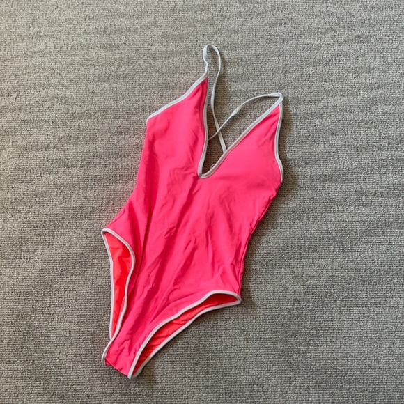 Aerie pipping one piece swimsuit in neon pink - Picture 2 of 6